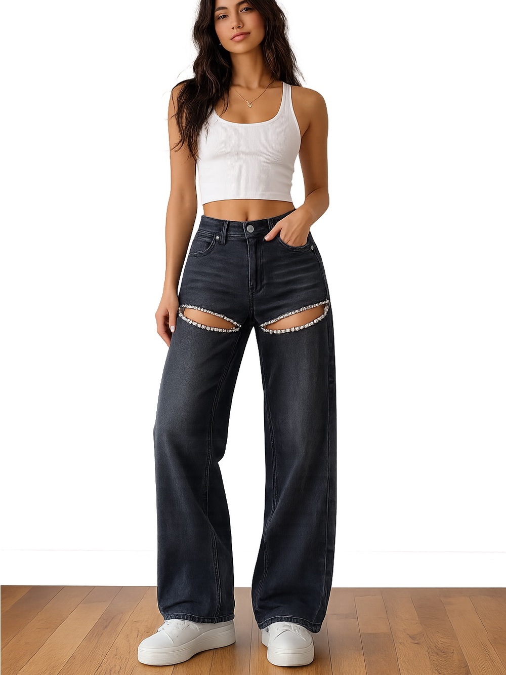 Forever 21 Black Wide Leg Jeans with Rhinestone Cutouts Size 25